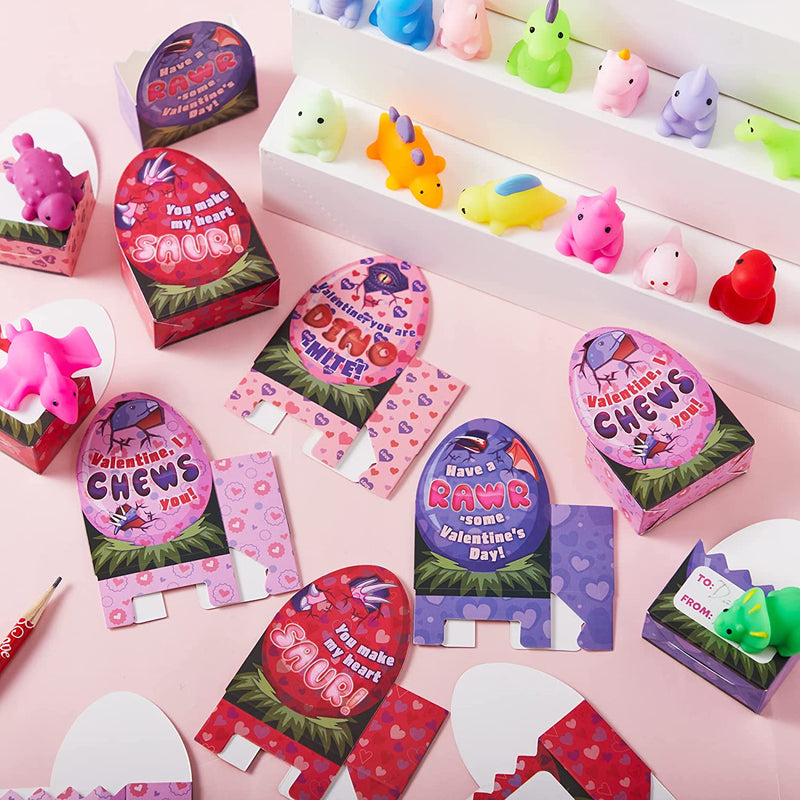 28Pcs Kids Valentines Cards with Dinosaur Mochi Squishy in Boxes-Classroom Exchange Gifts