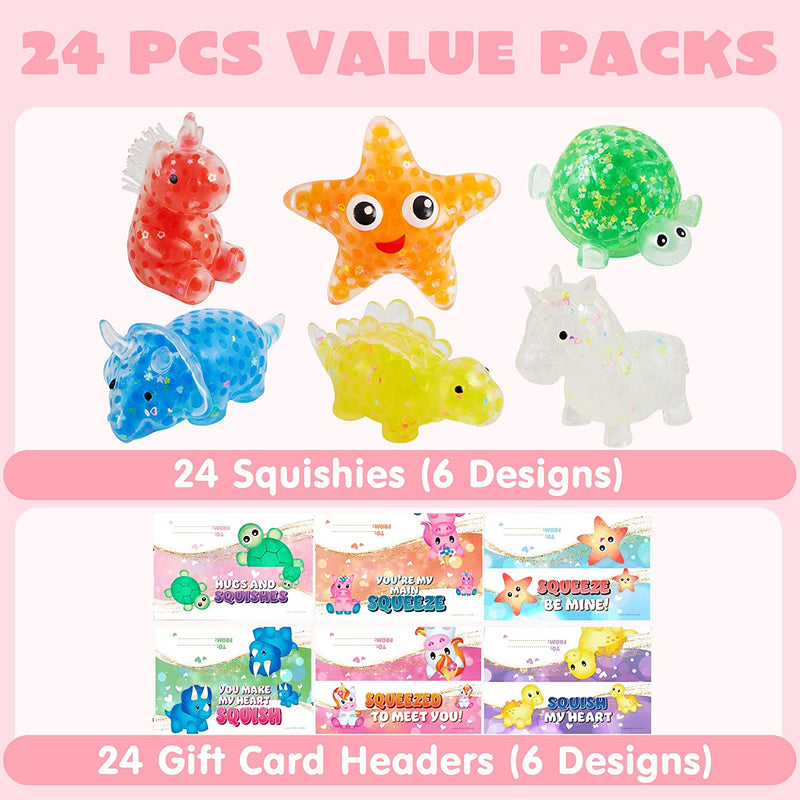 24Pcs Kid Valentines Cards with Animal Theme Squishies-Classroom Exchange Gifts