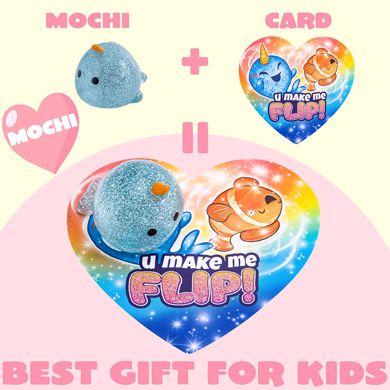 28Pcs Kids Valentines Cards with Glitter Mochi Squishy Toys-Classroom Exchange Gifts
