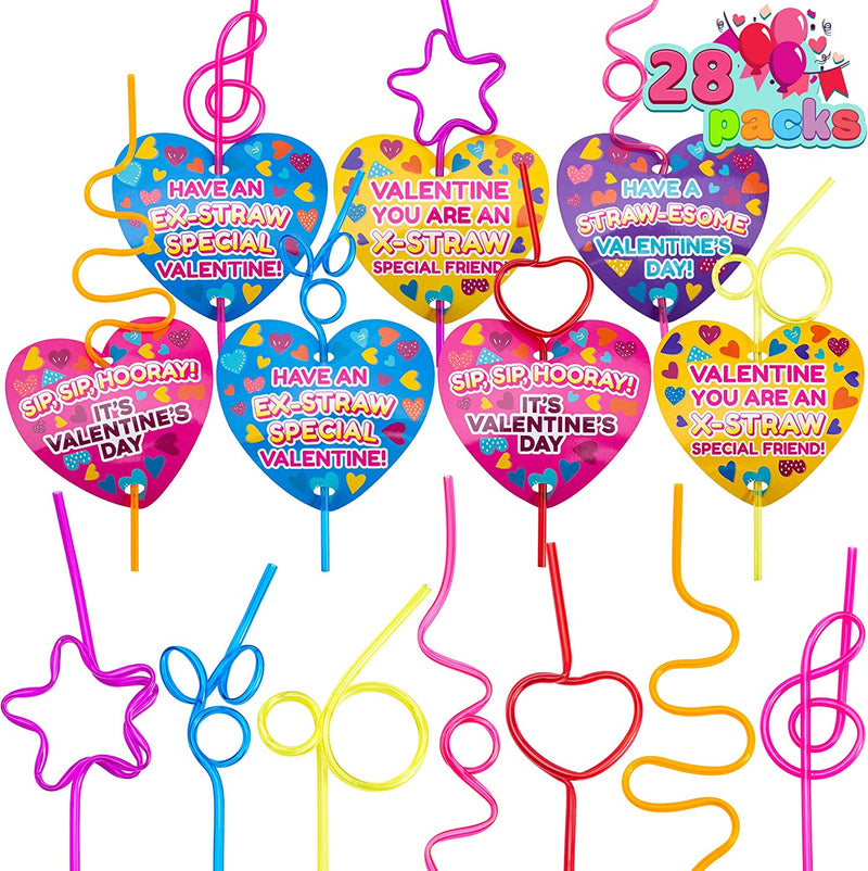 28Pcs Kids Valentines Cards with Gift Colorful Crazy Loop Reusable Drinking Straws-Classroom Exchange Gifts