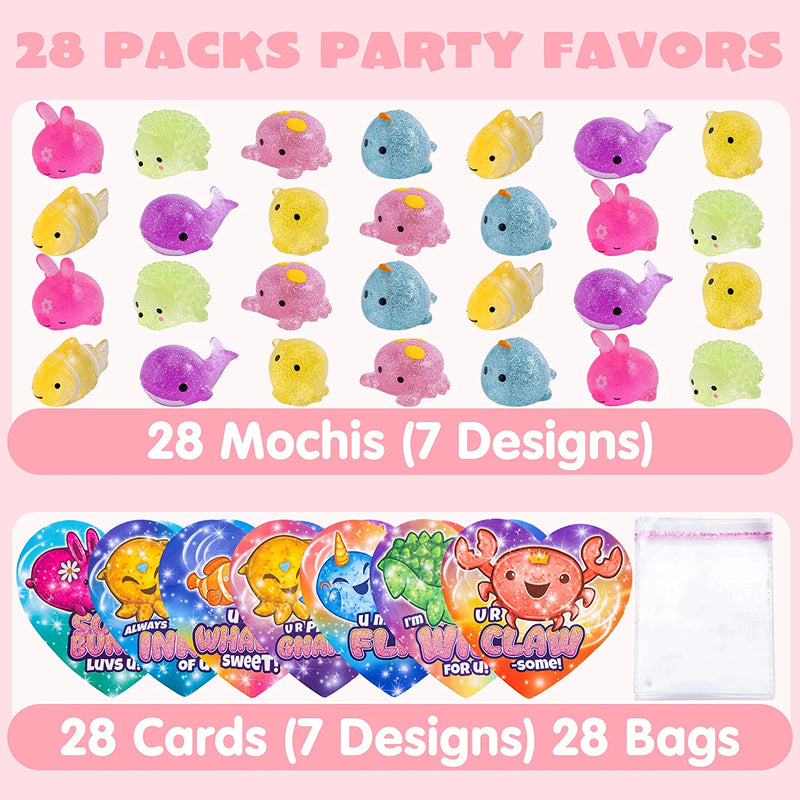 28Pcs Glitter Mochi Toys with Kids Valentines Cards for Classroom Exchange
