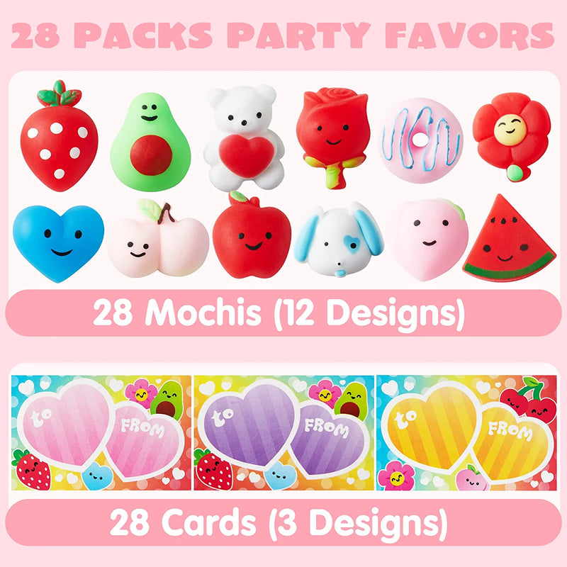 28Pcs Kids Valentines Cards with Mochi Squishy Toys-Classroom Exchange Gifts