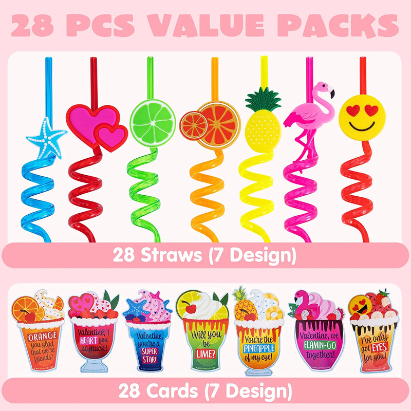 28Pcs Kids Valentines Cards with Drinking Straws Party Favor-Classroom Exchange Gifts