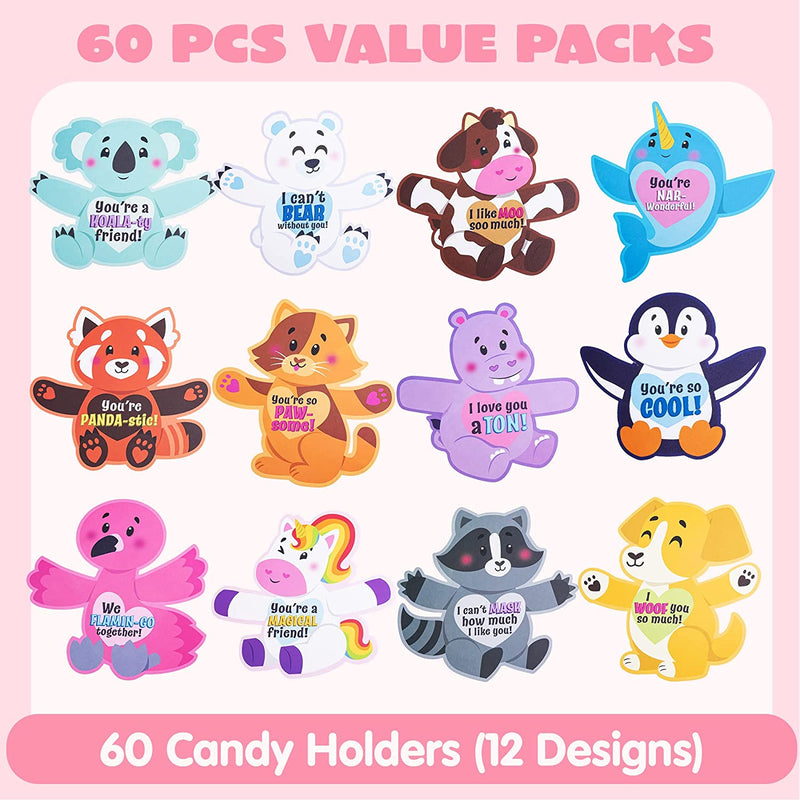 60Pcs Kids Valentines Cards with Animal Designs-Classroom Exchange Gifts