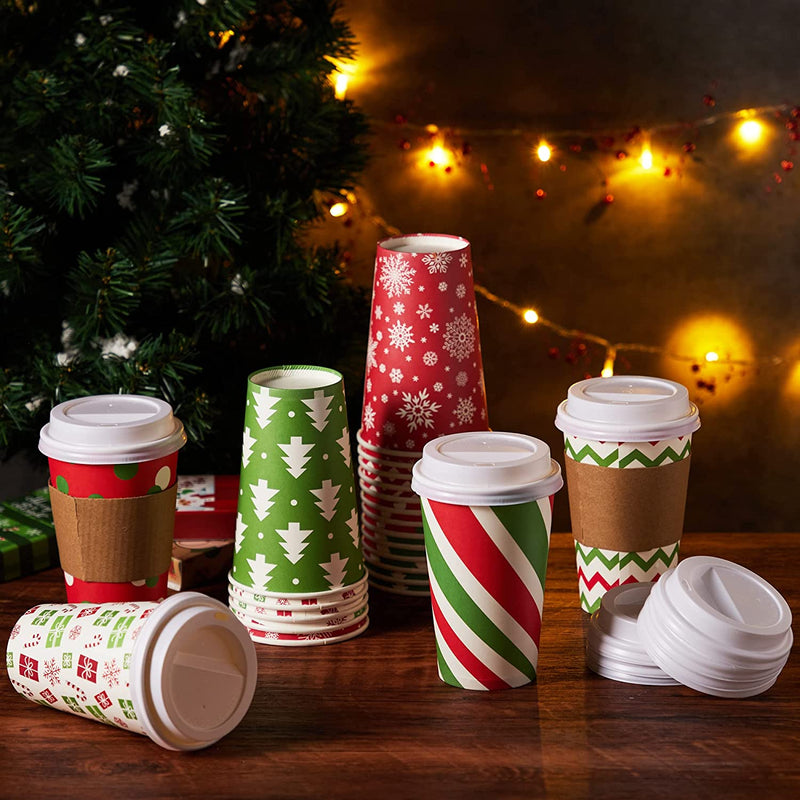 16 oz Disposable Christmas Coffee Cups with Lids and Sleeves, 4