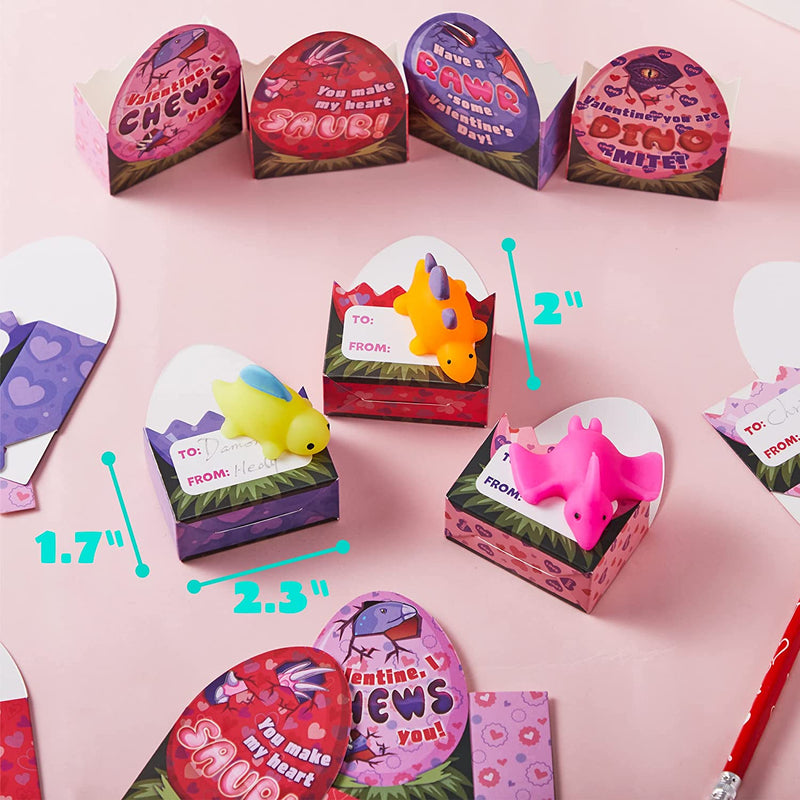 28Pcs Kids Valentines Cards with Dinosaur Mochi Squishy in Boxes-Classroom Exchange Gifts