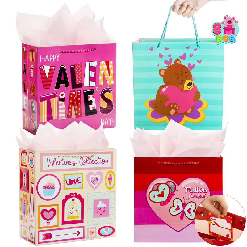 8Pcs Valentine`s Day Large Gift Bags with Tissue Papers