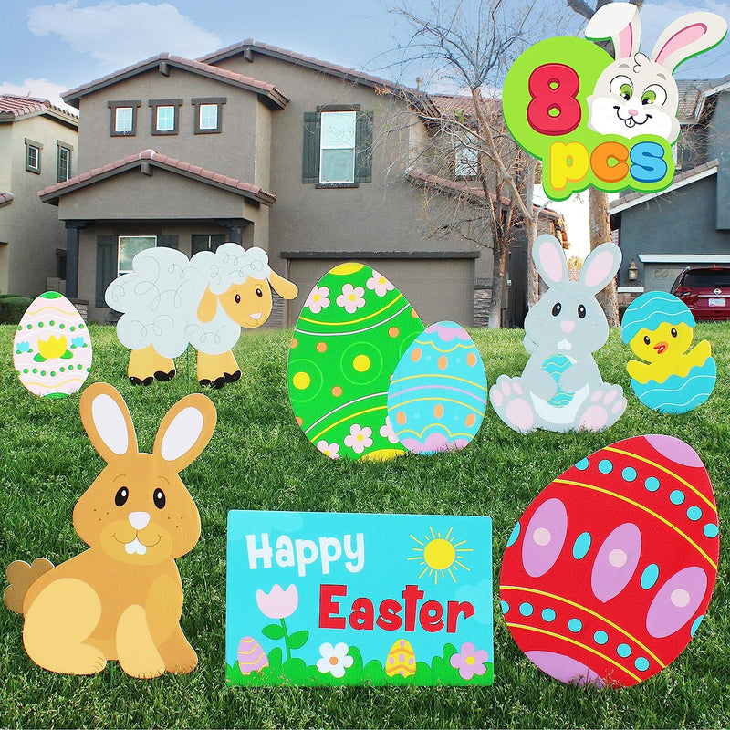 8Pcs Outdoor Bunny Chick and Eggs Easter Yard Signs