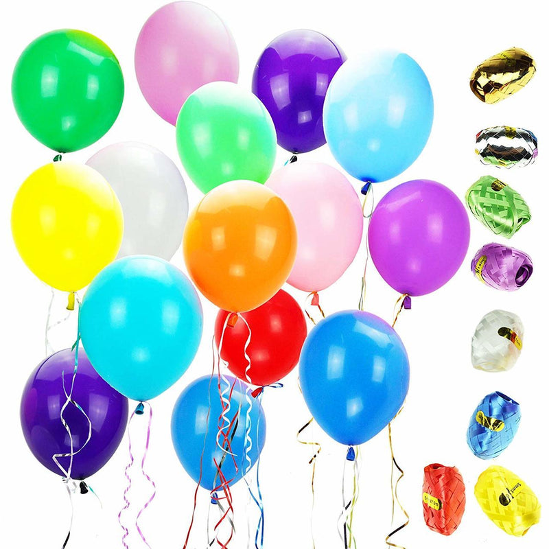 Assorted Color 12" Latex Party Balloons with 10 Bonus Colorful Ribbons, 100-Pack