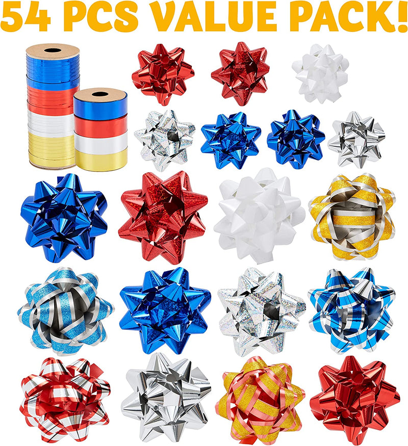 48Pcs Christmas Gift Bow Assortment, Red Silver Blue White