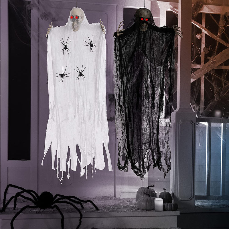 Lighted Hanging Skeleton Ghosts (Black & White), 2 Pack