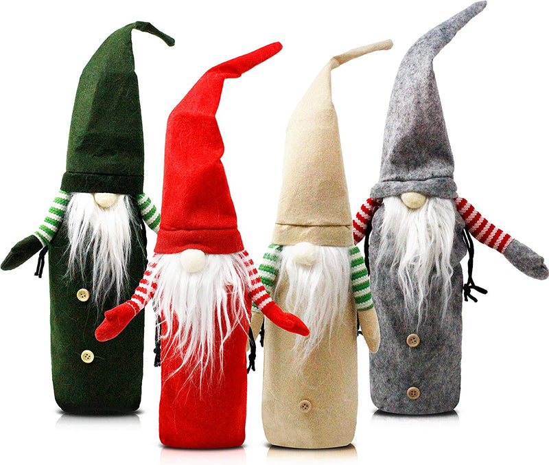 Festive Christmas Holiday Wine Covers Gnome, 4 Packs