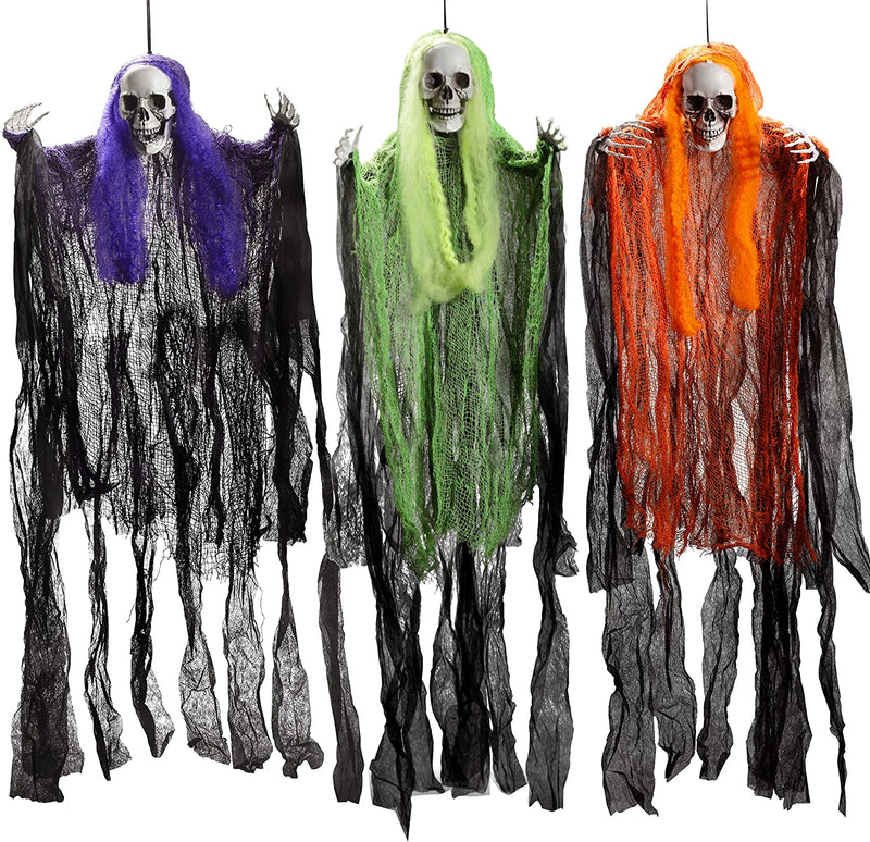 43" Pack Hanging Grim Reapers With Hair, 3 Pack