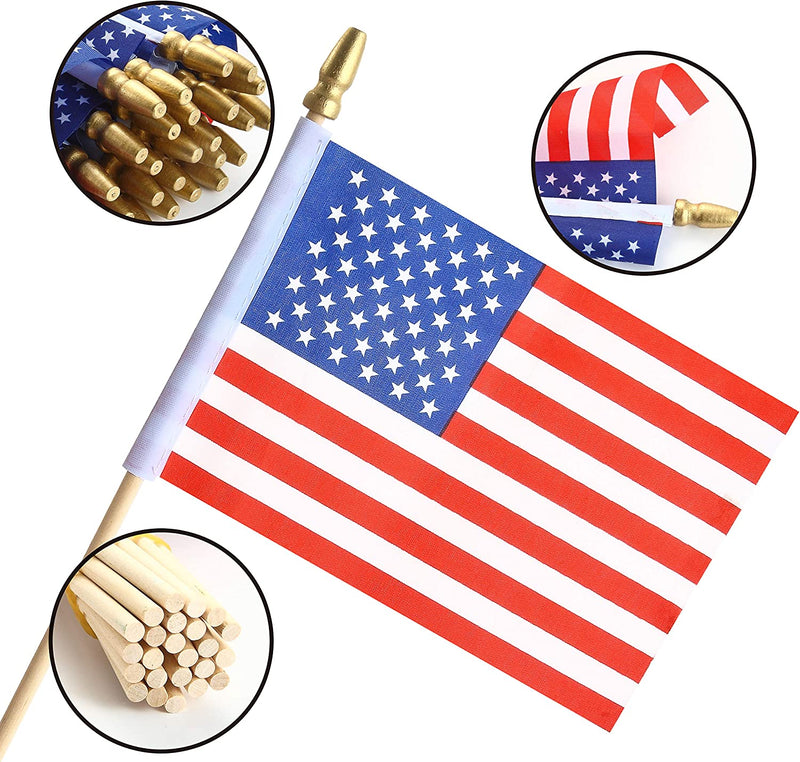 10in American Flags with Handheld Wooden Sticks, 24 Pcs