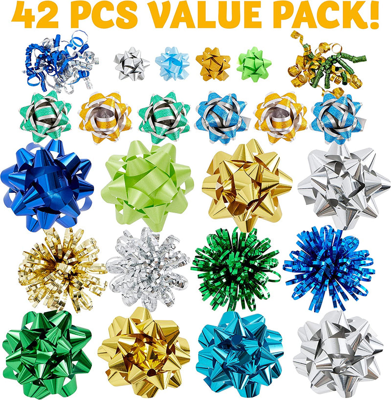 42Pcs Christmas Gift Bow Assortment, Gold Silver Green Teal and Babyblue