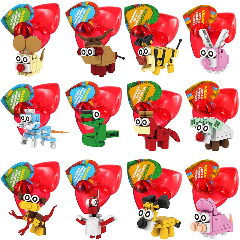 26pcs Building Blocks Animals Prefilled Hearts with Kids Valentines Cards