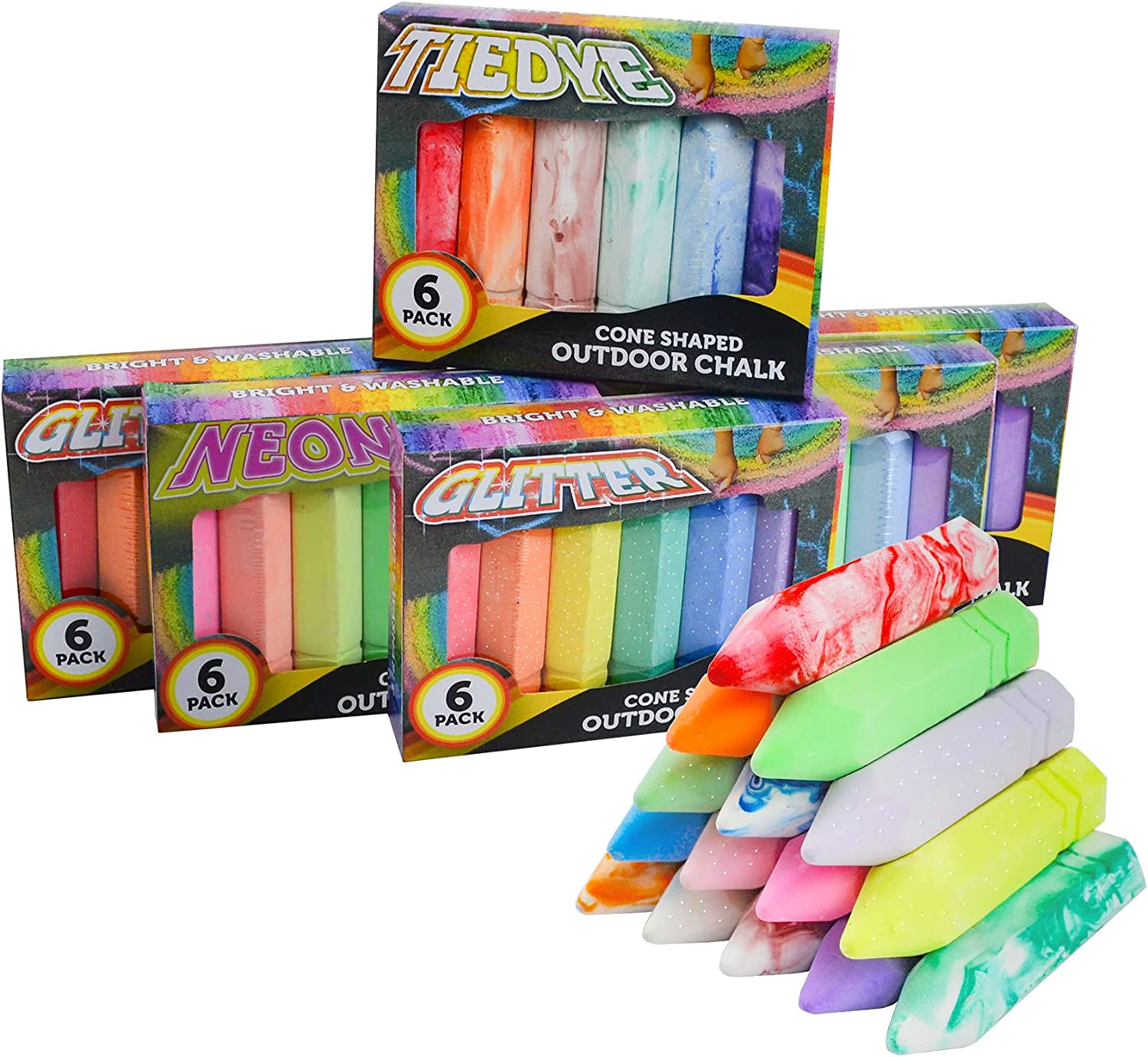 Chalks Assorted 3 Types (Neon Glitter Tie Dye), 36 PCS - JOYIN