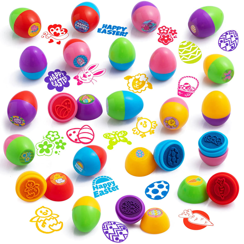 24 Packs 1.75in Prefilled Easter Egg with Self Inking Stamps for Kids Classroom Exchange