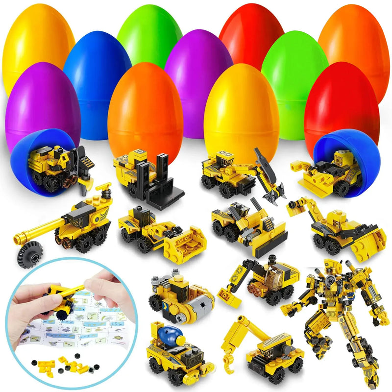 12Pcs Construction Cars Building Blocks Prefilled Easter Eggs 3.4in