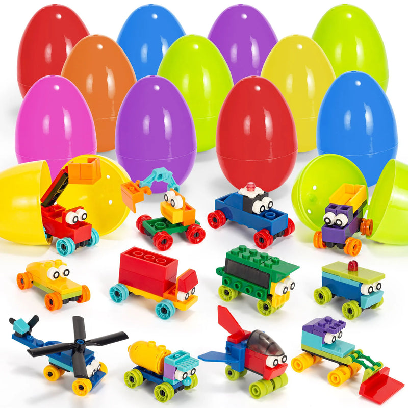 12Pcs Pull Back Cars Building Blocks Prefilled Easter Eggs 3.15in
