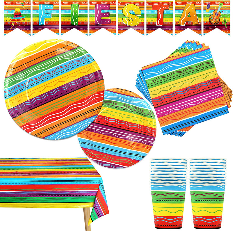 JOYIN 82 Pcs Mexican Themed Fiesta Party Supplies Set Including Plates Cups Napkins Tablecloth and Banner for Cinco de Mayo, Mexican-themed School