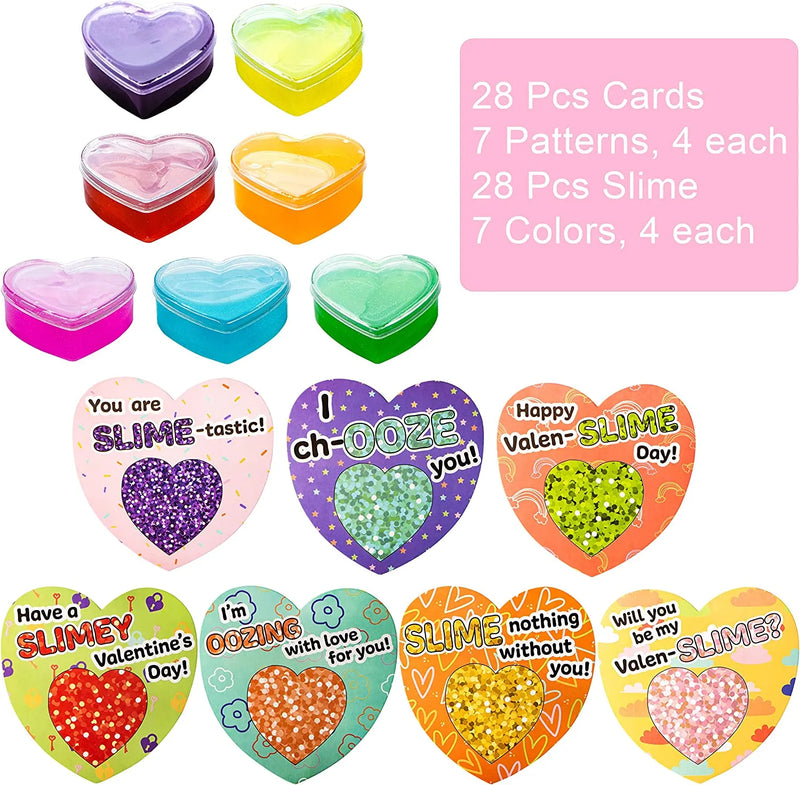 28Pcs Heart Shaped Glitter Slime with Valentines Day Cards for Kids-Classroom Exchange Gifts