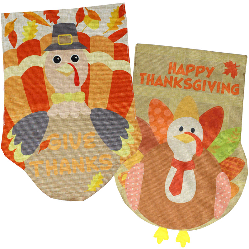 Two Thanksgiving Fall Turkey Burlap Garden, House Flags Decorations