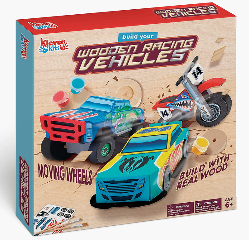 KLEVER KITS - Wooden Racing Vehicles Construct and Paint Craft Kit,144 Pcs