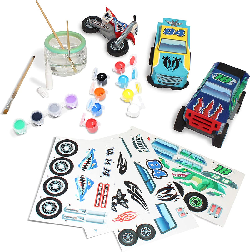 KLEVER KITS - Wooden Racing Vehicles Construct and Paint Craft Kit,144 Pcs