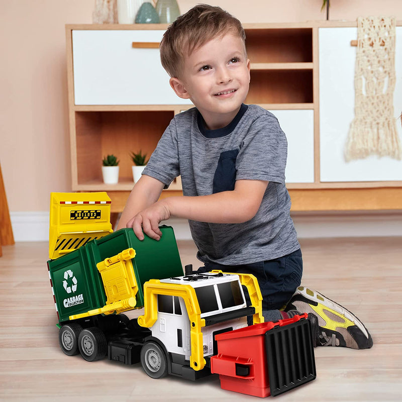 JOYIN joyin recycling garbage truck toy, kids diy assembly friction powered  side-dump garbage toy with light and sounds, 3 trash ca