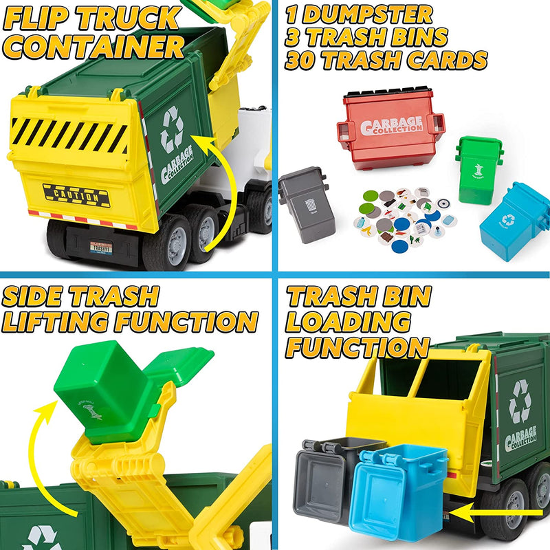 JOYIN joyin recycling garbage truck toy, kids diy assembly friction powered  side-dump garbage toy with light and sounds, 3 trash ca