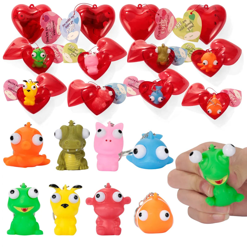 28Pcs Prefilled Hearts with push bubbleping Eyes Keychains and with Valentines Day Cards for Kids-Classroom Exchange Gifts