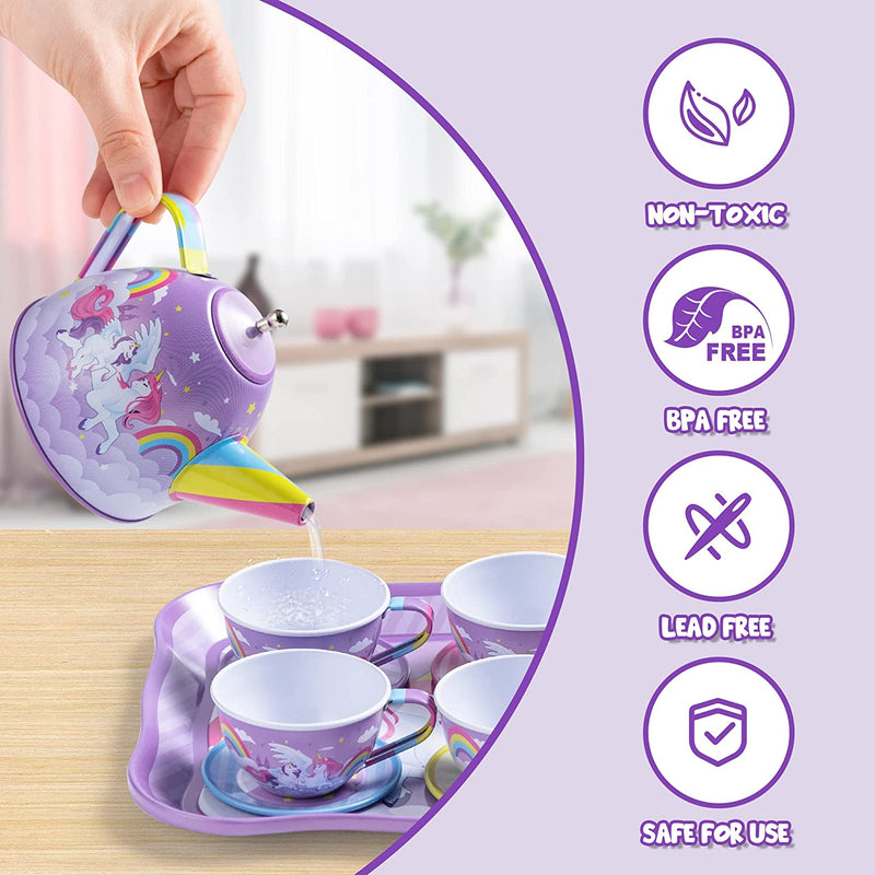 Purple Unicorn Castle Pretend Tin Teapot Set