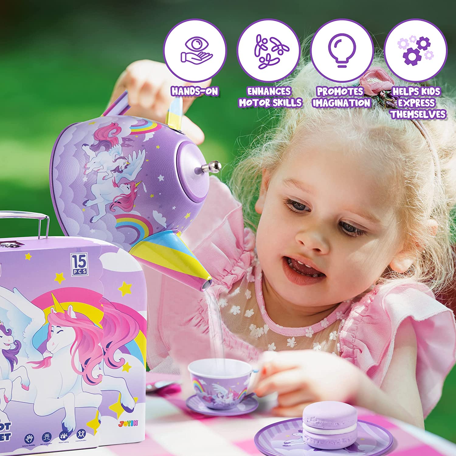 Maquillage Enfant JOYIN 35Pcs Unicorn Tea Party Set And Kid Tool Set, Pretend Tin Teapot Set, Princess Tea Time Play Kitchen Toy With Dessert, Doughnut, Pretend Play Toddler Tool Toy With Construction