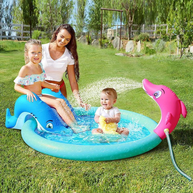 SLOOSH - 60in Inflatable Kiddie Pool with Dolphin Sprinkler and Kiddie Slide
