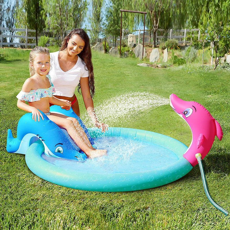 SLOOSH - 60in Inflatable Kiddie Pool with Dolphin Sprinkler and Kiddie Slide