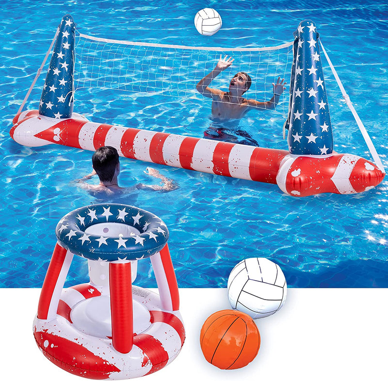 SLOOSH - American Flag floats Volleyball Net & Basketball Hoops Set