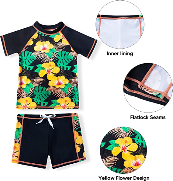SLOOSH - Girl's Rash Guard (Black, Yellow Flower Pattern)