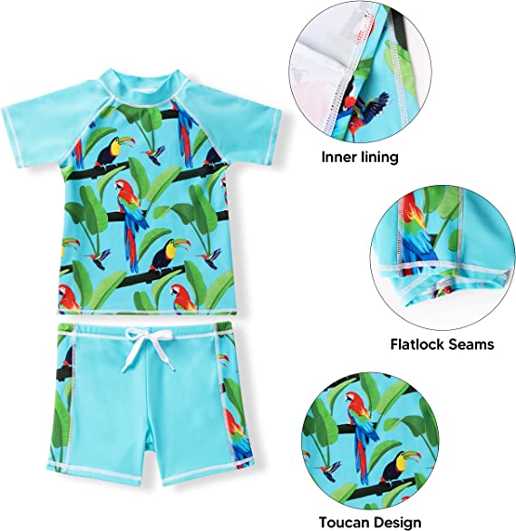 SLOOSH - Girl's Rash Guard (Water Blue, Toucan pattern)
