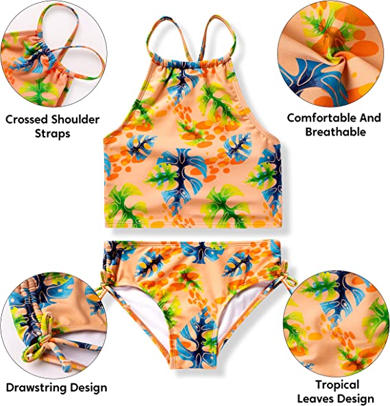 SLOOSH - Girl's Tankini, 2-Piece Swimsuit (Tropical Leaves)