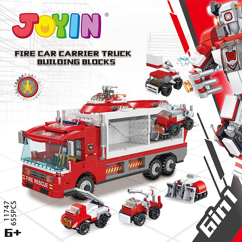 STEM Building Toys for Kids, 6-in-1 Fire Car Carrier Truck