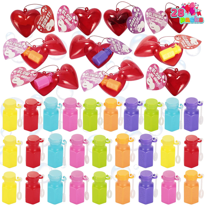 28Pcs Mini Bubble Wands Filled Hearts with Valentines Day Cards for Kids-Classroom Exchange Gifts