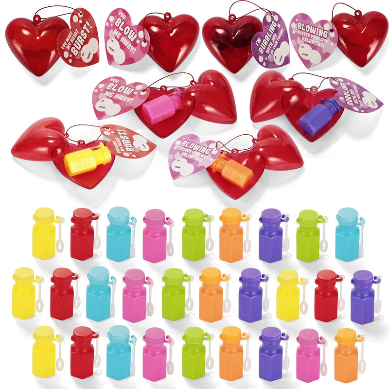 28Pcs Mini Bubble Wands Filled Hearts with Valentines Day Cards for Kids-Classroom Exchange Gifts