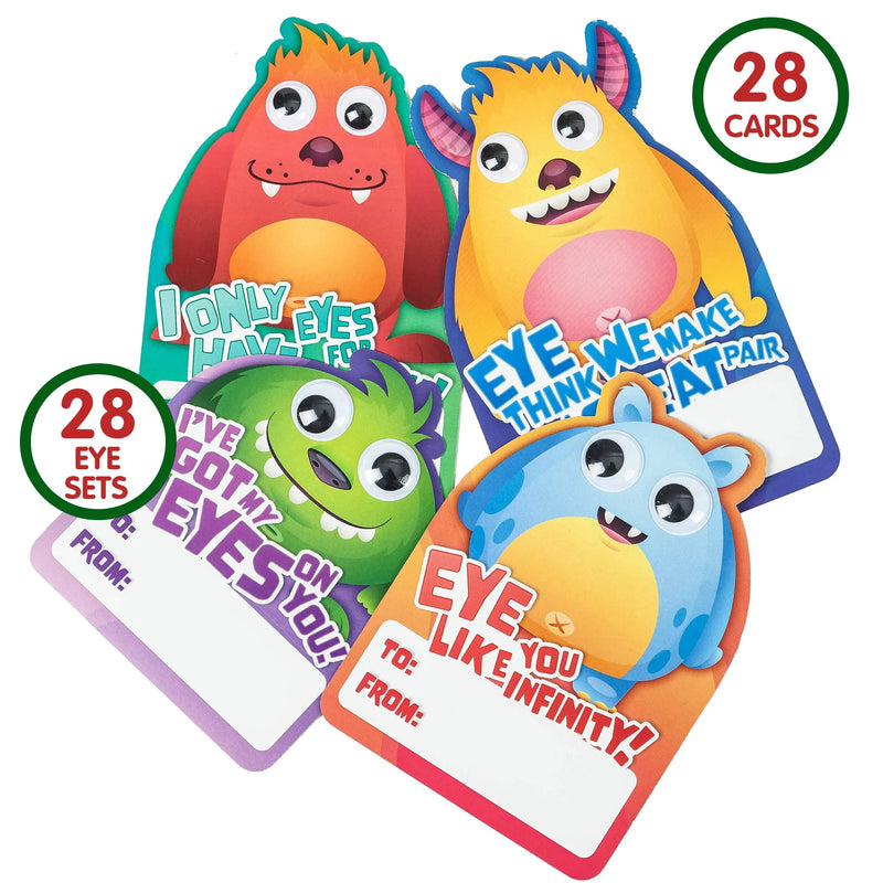 28Pcs Valentines Cards With Stick-on Monster Eyes