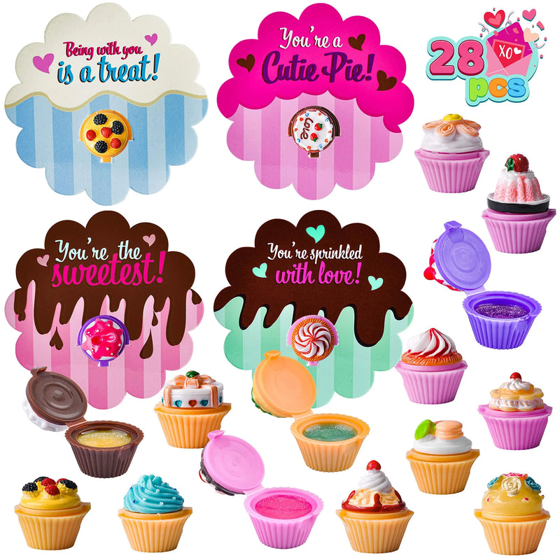 28Pcs Cake shaped Lip Balm with Valentines Day Cards for Kids-Classroom Exchange Gifts