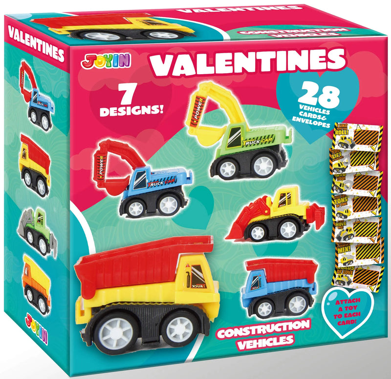 28Pcs Mini Construction Vehicle Toy with Kids Valentines Cards for Classroom Exchange