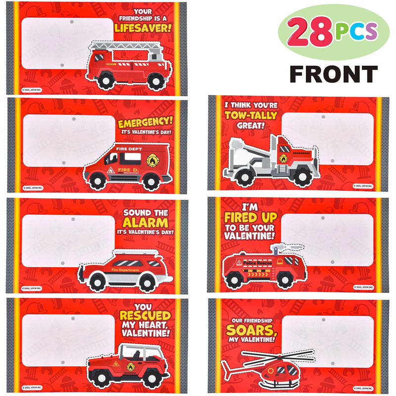 28Pcs Kids Valentines Cards with Die-cast Fire Rescue Vehicle-Classroom Exchange Gifts