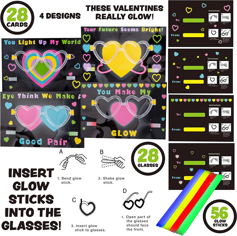 30 Packs Valentine's Day Gifts Cards with Bright Large Glow Sticks for Kids Classroom Exchange Toy