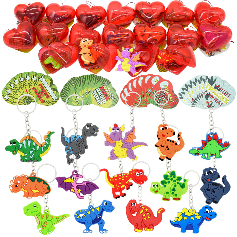 28Pcs Dinosaur Keychain Filled Hearts with Valentines Day Cards for Kids-Classroom Exchange Gifts