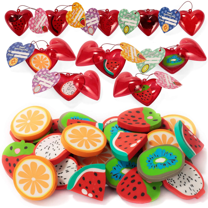 28Pcs Valentines Fruit Eraser Filled Hearts Set with with Valentines Day Cards for Kids-Classroom Exchange Gifts